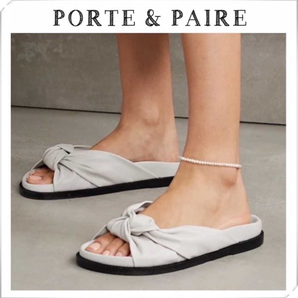 Porte & Paire Knotted Leather Slide Sandals in Chalk White Size 8.5